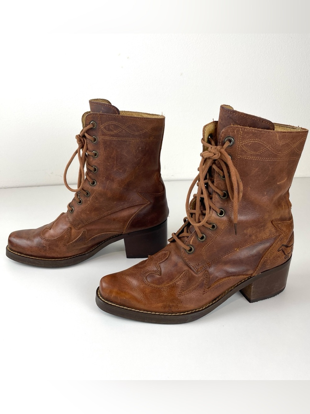 Vintage Bill Montana Brown Leather Lace Up Embroidered Ankle Western Boots 7.5